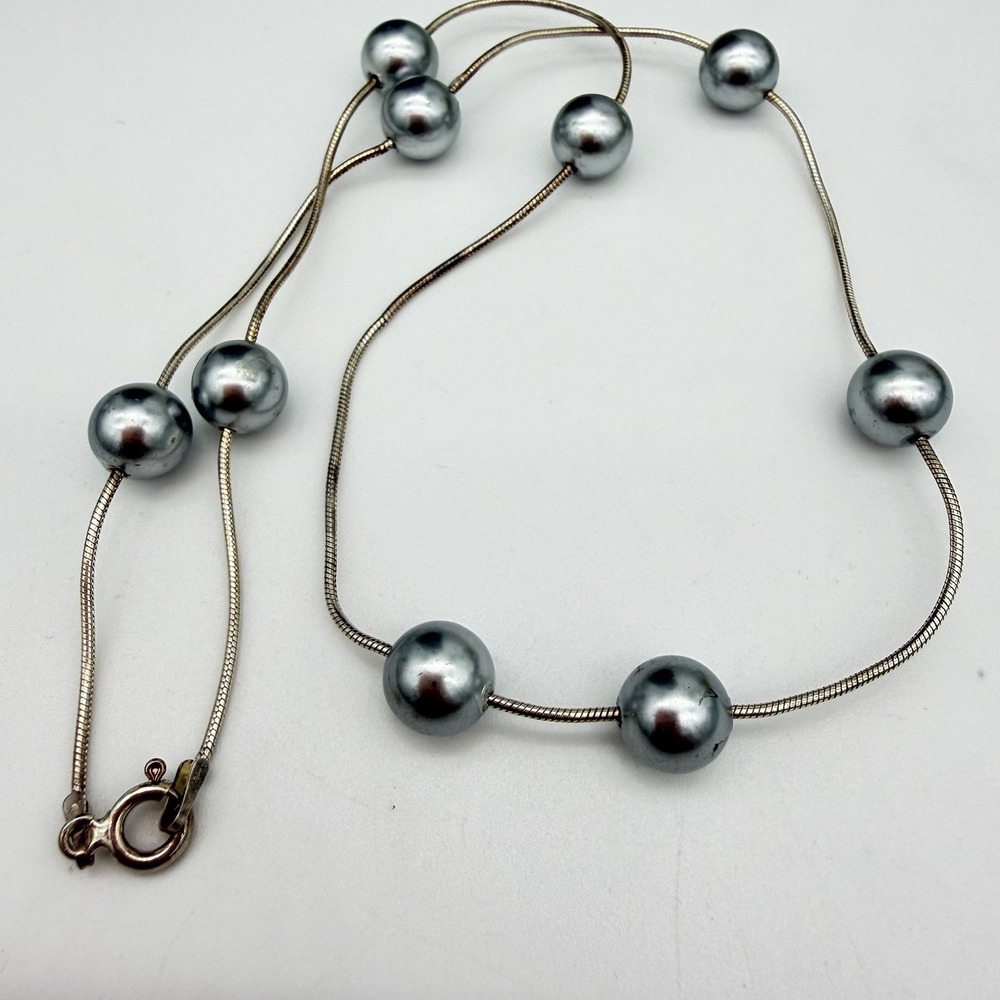 Vtg FAS Sterling Silver Italy 925 Station Beaded Necklace Gray Faux Pearl Modern